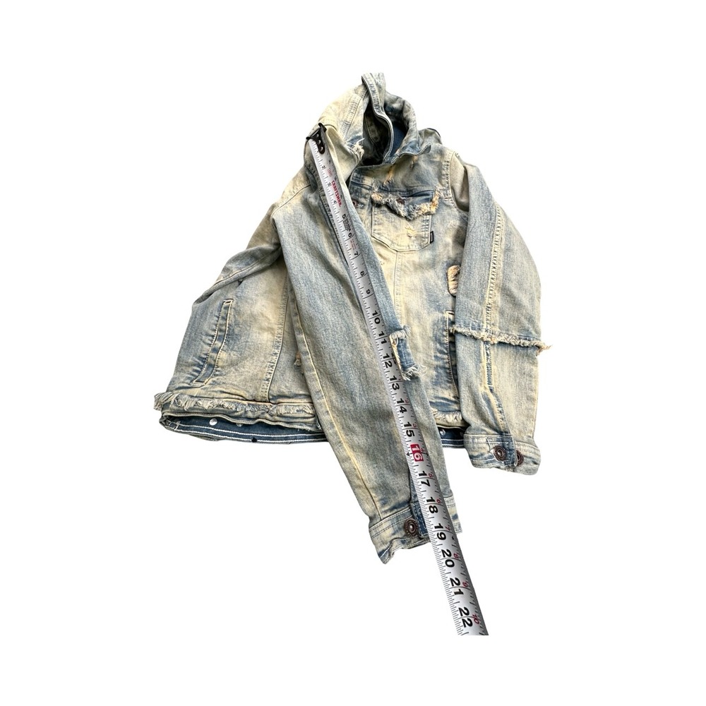 Makobi Denim Jacket Mens XL Blue Distressed Frayed Premium Cotton Trucker Coat - Picture 8 of 12